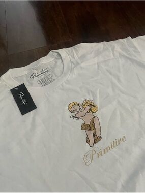 Primitive White Tee with Gold and Tan Cherub Graphic